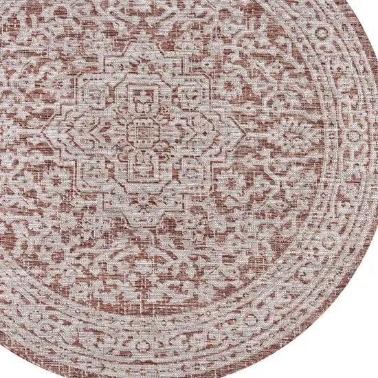 9' Red And Taupe Round Medallion Indoor Outdoor Area Rug Photo 2