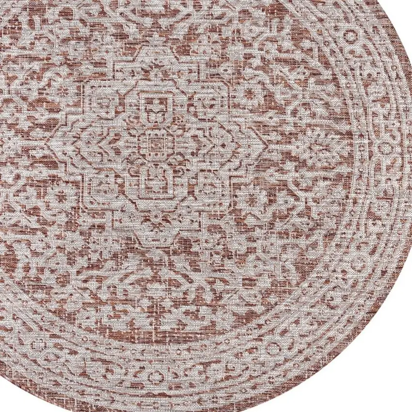 9' Red And Taupe Round Medallion Indoor Outdoor Area Rug Photo 2