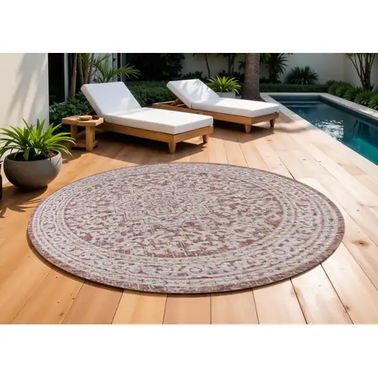 9' Red And Taupe Round Medallion Indoor Outdoor Area Rug Photo 1