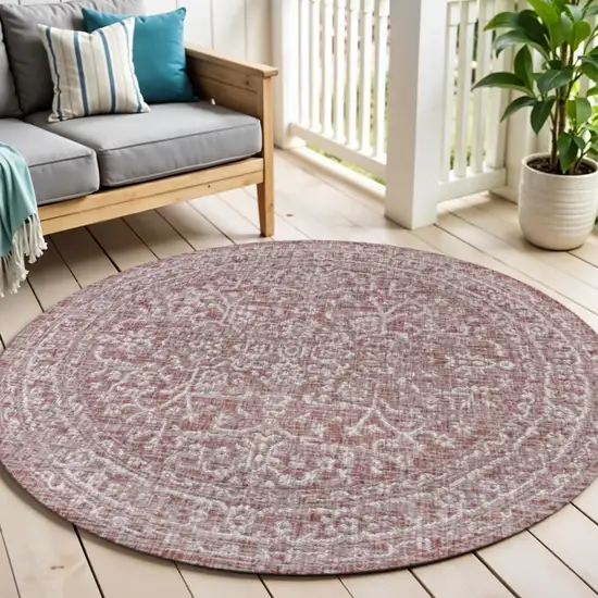 6' Red And Taupe Round Medallion Indoor Outdoor Area Rug Photo 1