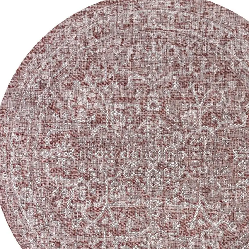 6' Red And Taupe Round Medallion Indoor Outdoor Area Rug Photo 2