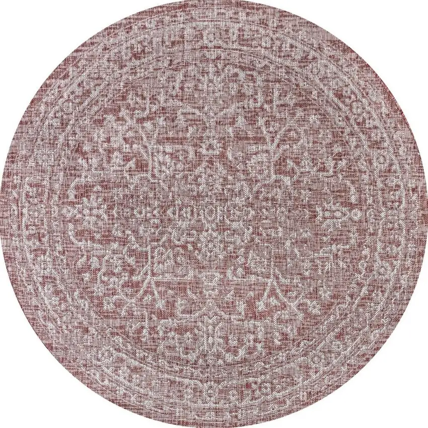 6' Red And Taupe Round Medallion Indoor Outdoor Area Rug Photo 3
