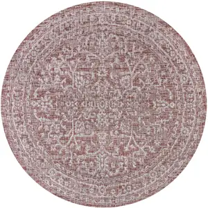 Photo of 8' Red And Taupe Round Medallion Indoor Outdoor Area Rug