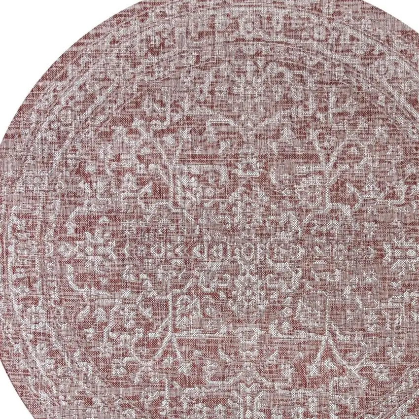 8' Red And Taupe Round Medallion Indoor Outdoor Area Rug Photo 2