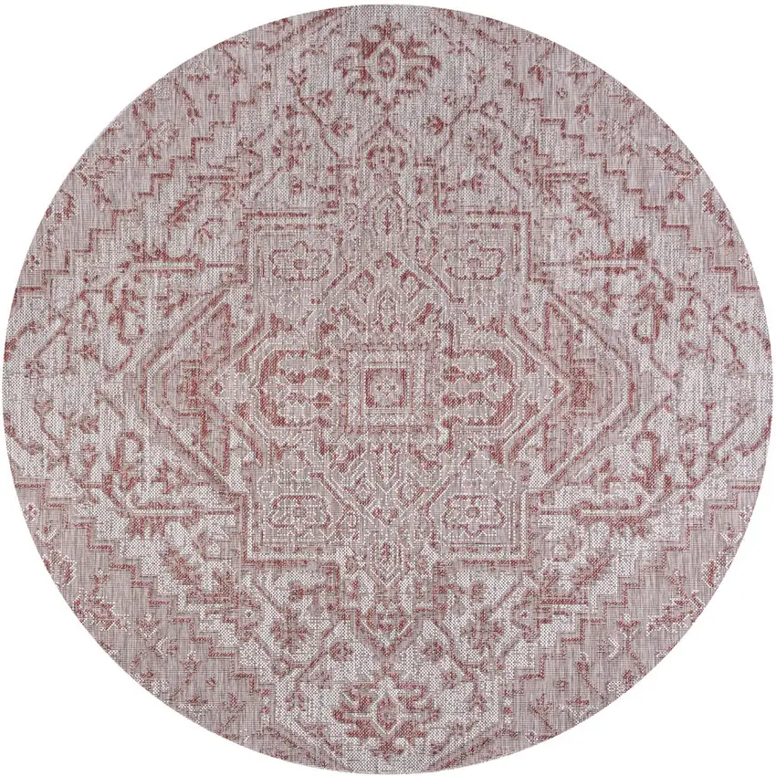 6' Red And Taupe Round Medallion Indoor Outdoor Area Rug Photo 3