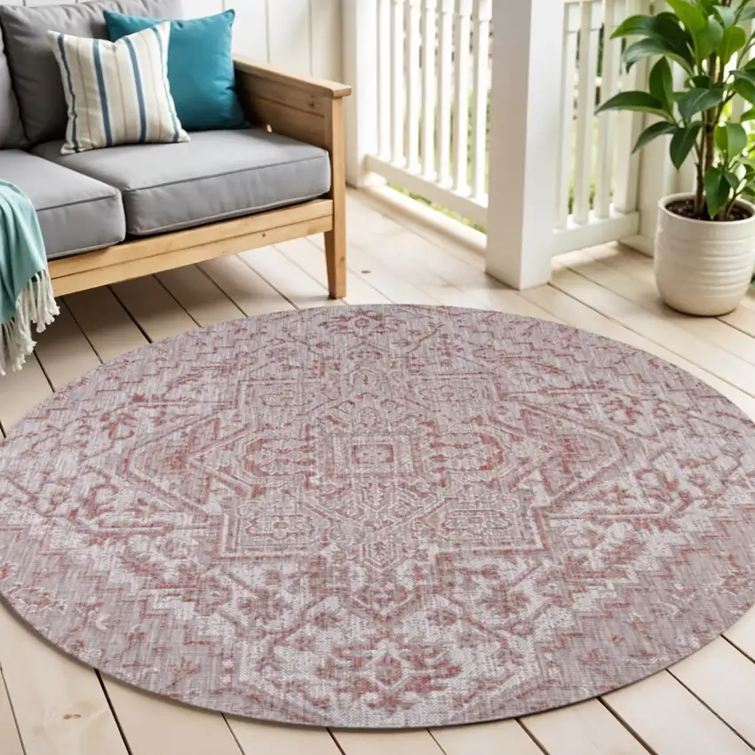 6' Red And Taupe Round Medallion Indoor Outdoor Area Rug Photo 1