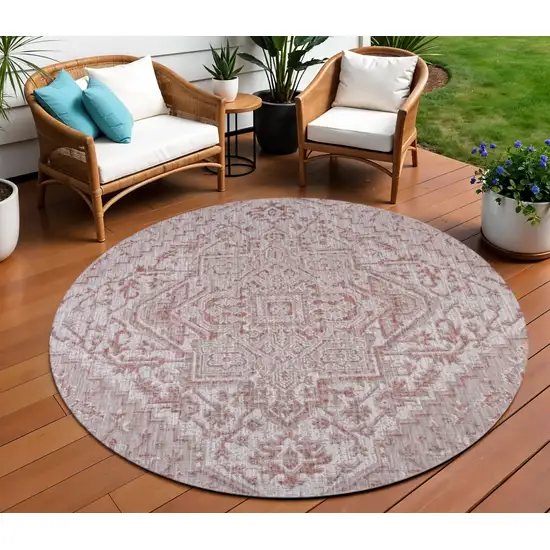 8' Red And Taupe Round Medallion Indoor Outdoor Area Rug Photo 1