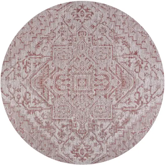 8' Red And Taupe Round Medallion Indoor Outdoor Area Rug Photo 3