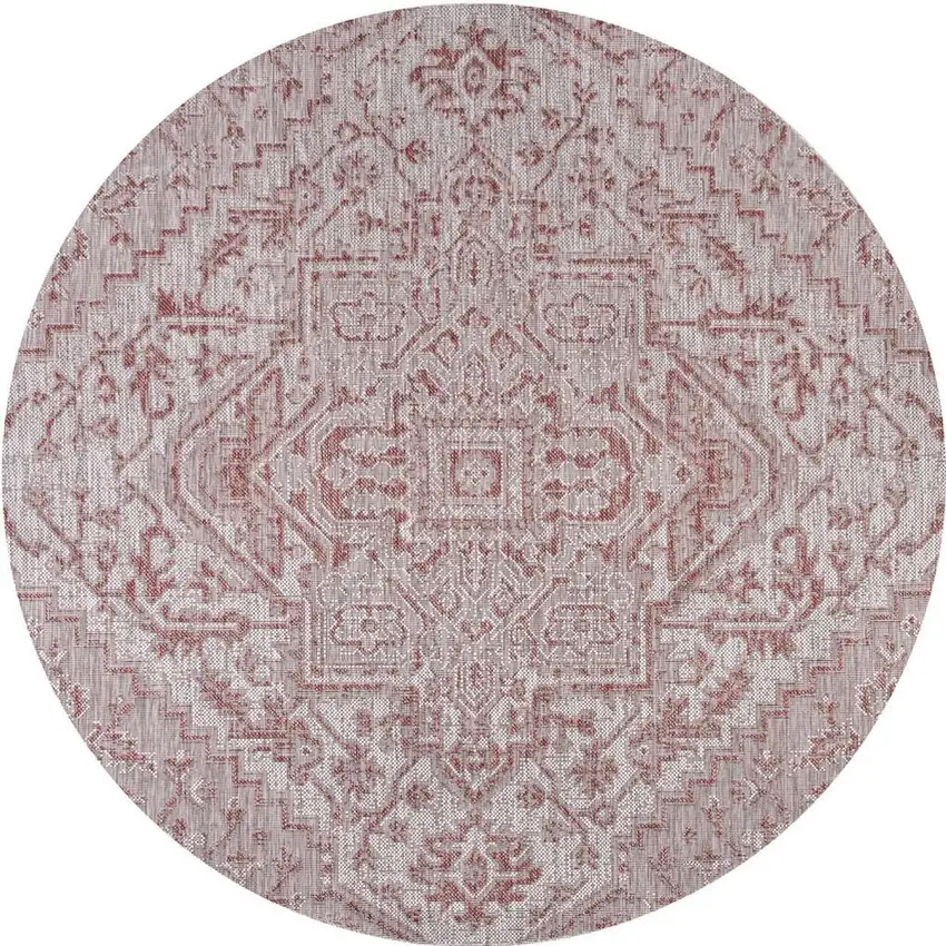 9' Red And Taupe Round Medallion Indoor Outdoor Area Rug Photo 3