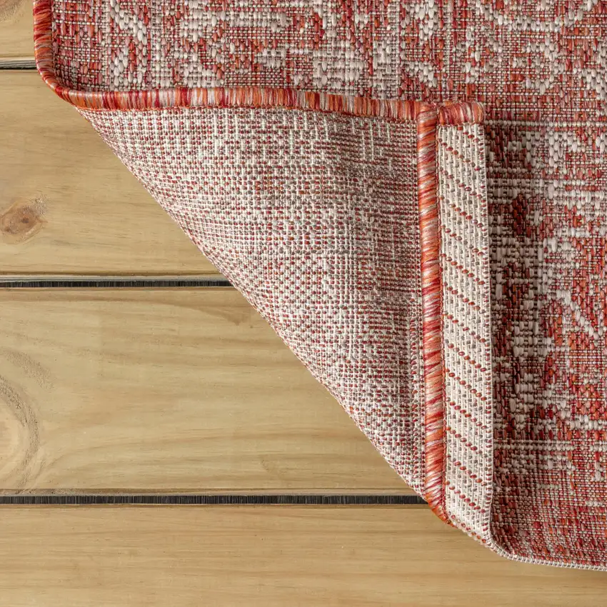 4' Red And Taupe Square Medallion Indoor Outdoor Area Rug Photo 9