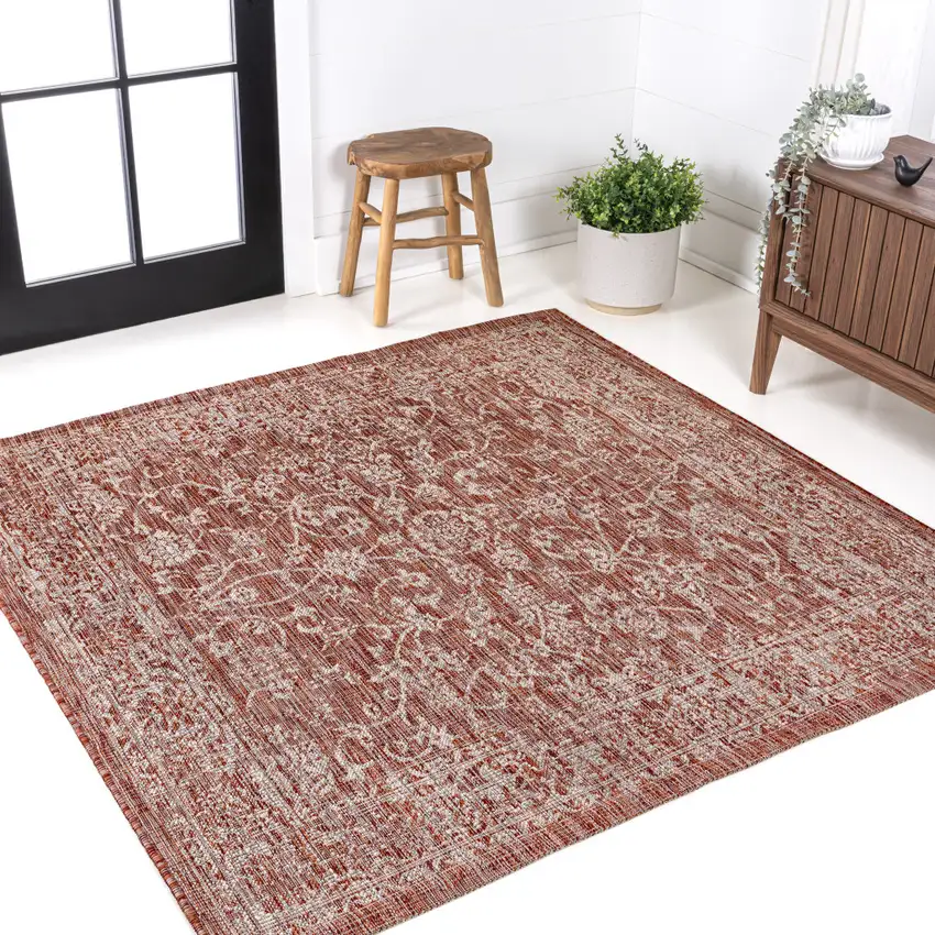 4' Red And Taupe Square Medallion Indoor Outdoor Area Rug Photo 4