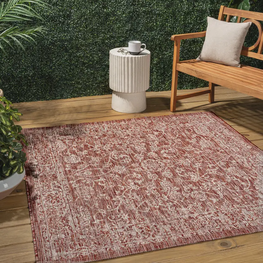 5' Red And Taupe Square Medallion Indoor Outdoor Area Rug Photo 5