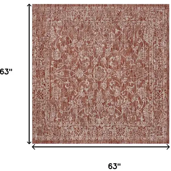 5' Red And Taupe Square Medallion Indoor Outdoor Area Rug Photo 6