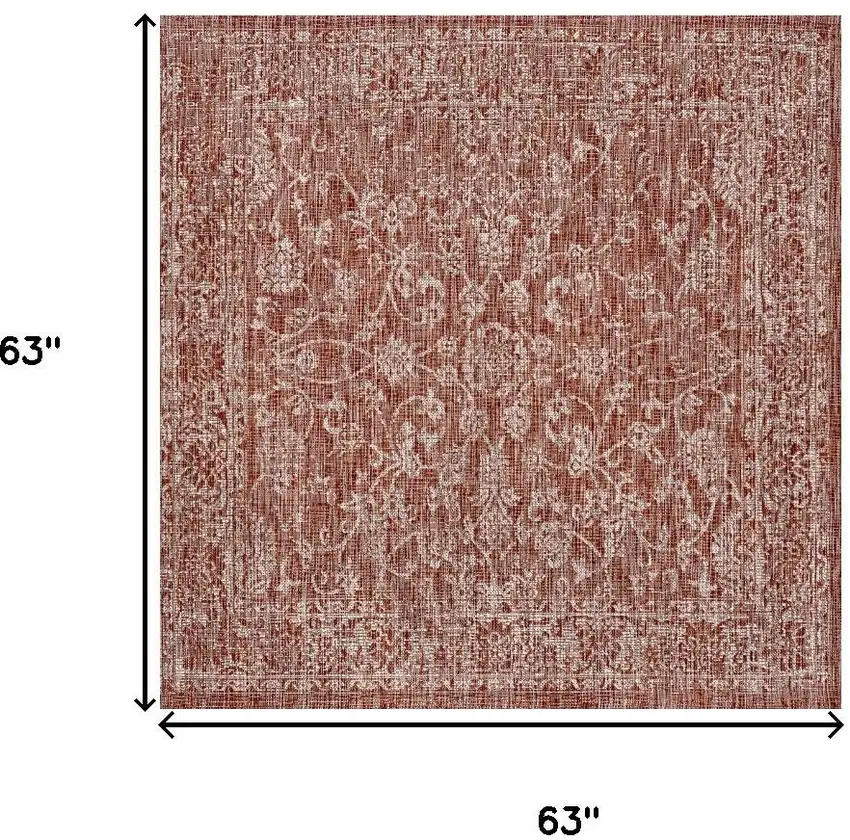 5' Red And Taupe Square Medallion Indoor Outdoor Area Rug Photo 6