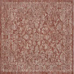 Photo of 5' Red And Taupe Square Medallion Indoor Outdoor Area Rug