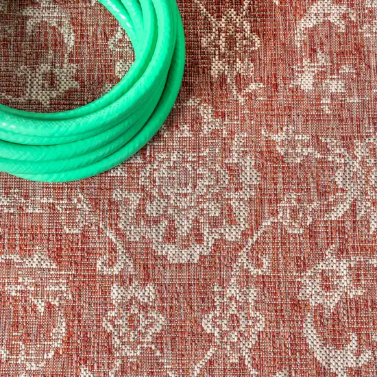 5' Red And Taupe Square Medallion Indoor Outdoor Area Rug Photo 5