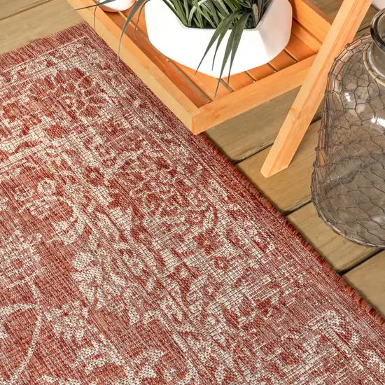 6' Red And Taupe Square Medallion Indoor Outdoor Area Rug Photo 8