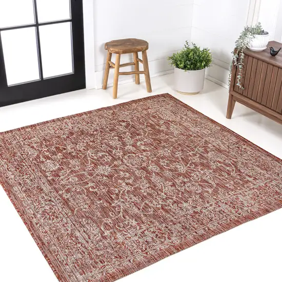 8' Red And Taupe Square Medallion Indoor Outdoor Area Rug Photo 4