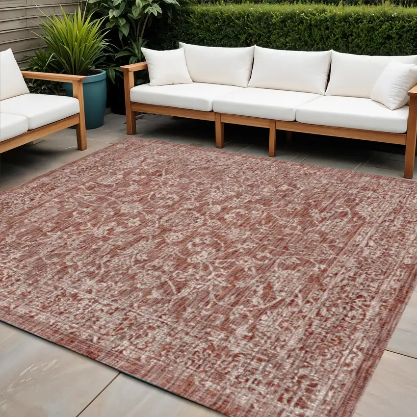 9' Red And Taupe Square Medallion Indoor Outdoor Area Rug Photo 1