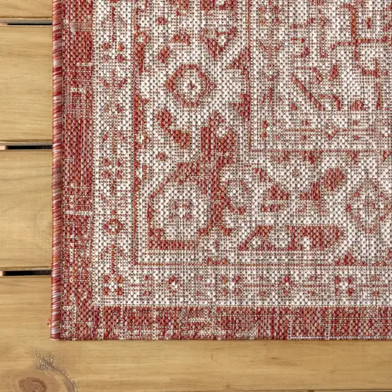 6' Red And Taupe Square Medallion Indoor Outdoor Area Rug Photo 8