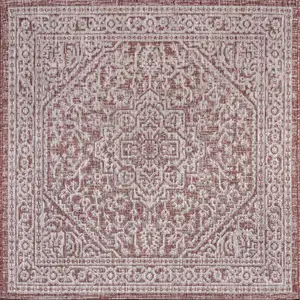 Photo of 6' Red And Taupe Square Medallion Indoor Outdoor Area Rug