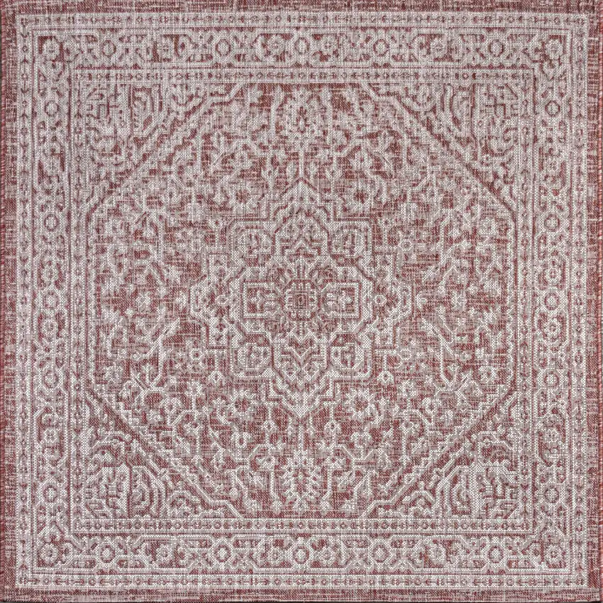 6' Red And Taupe Square Medallion Indoor Outdoor Area Rug Photo 1