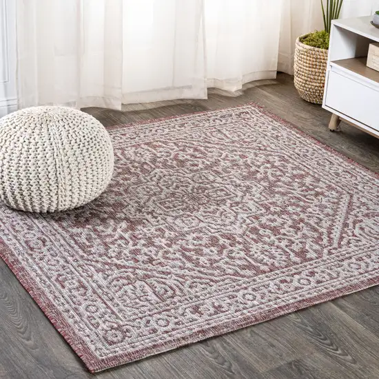 6' Red And Taupe Square Medallion Indoor Outdoor Area Rug Photo 4