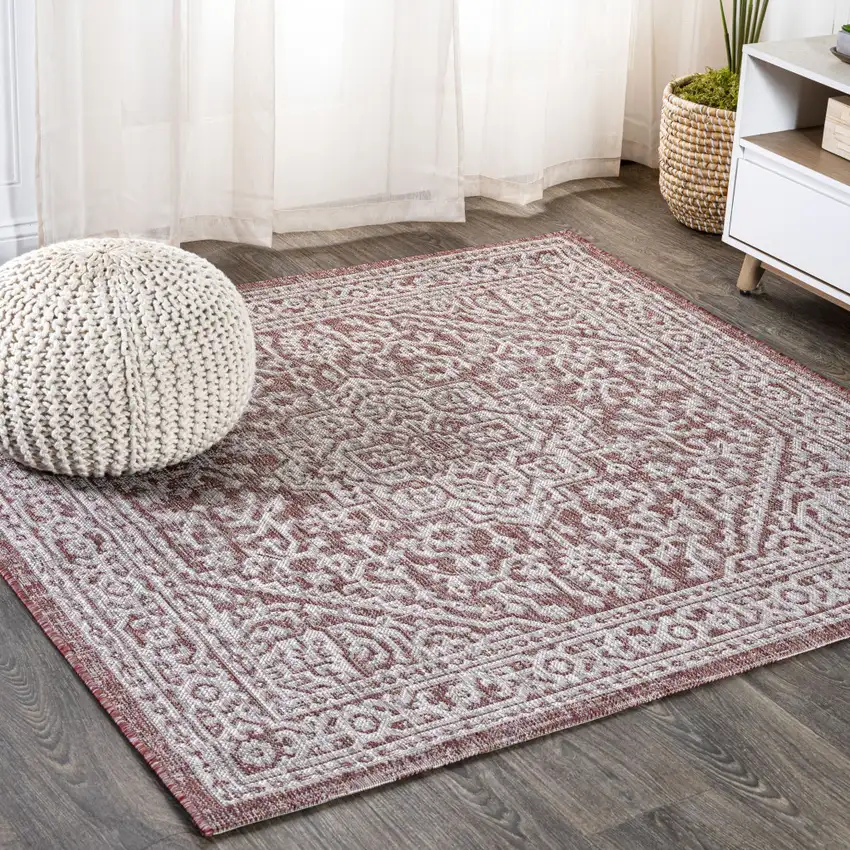 6' Red And Taupe Square Medallion Indoor Outdoor Area Rug Photo 4
