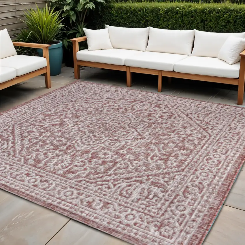 8' Red And Taupe Square Medallion Indoor Outdoor Area Rug Photo 1