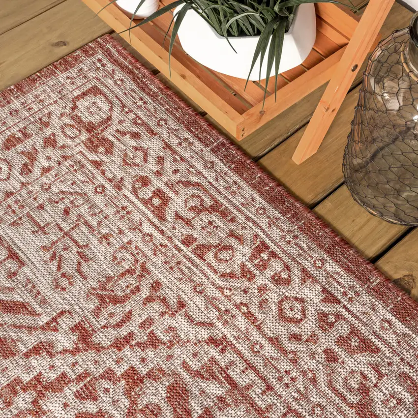 8' Red And Taupe Square Medallion Indoor Outdoor Area Rug Photo 6