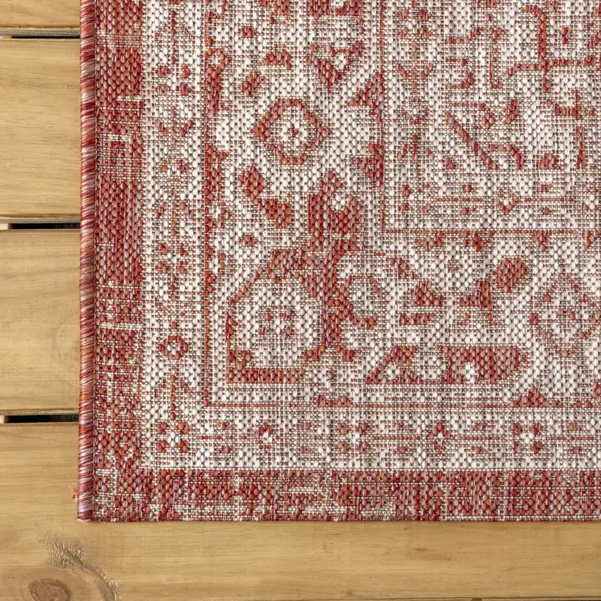 8' Red And Taupe Square Medallion Indoor Outdoor Area Rug Photo 8