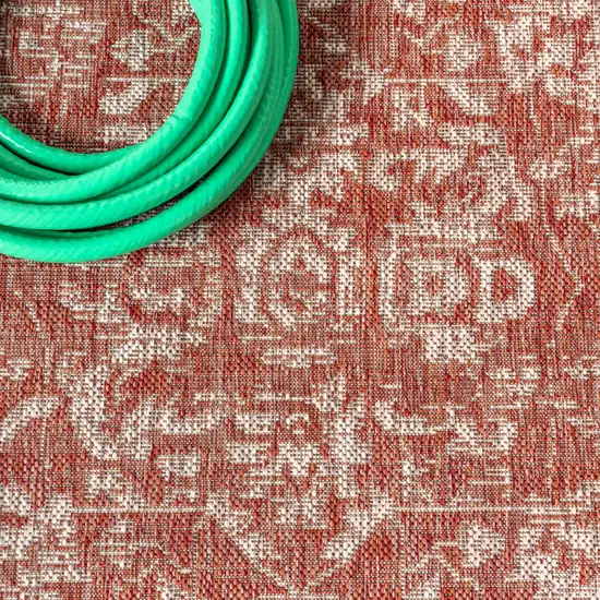 4' Red And Taupe Square Medallion Indoor Outdoor Area Rug Photo 9