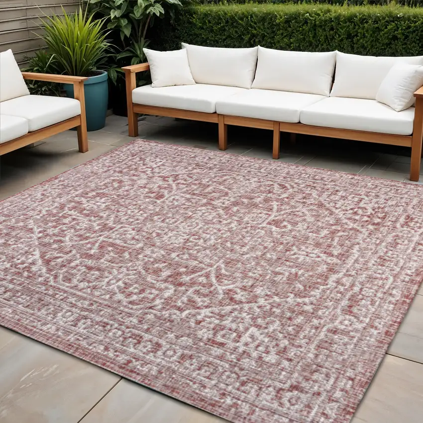 4' Red And Taupe Square Medallion Indoor Outdoor Area Rug Photo 1