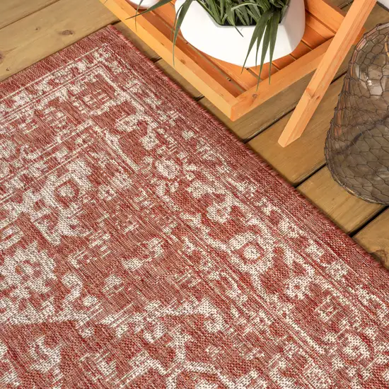 6' Red And Taupe Square Medallion Indoor Outdoor Area Rug Photo 6
