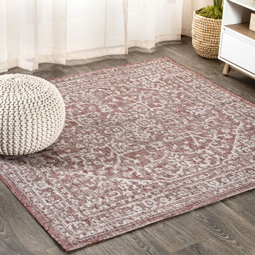 6' Red And Taupe Square Medallion Indoor Outdoor Area Rug Photo 4