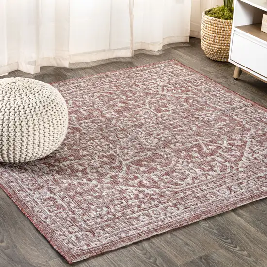 8' Red And Taupe Square Medallion Indoor Outdoor Area Rug Photo 4