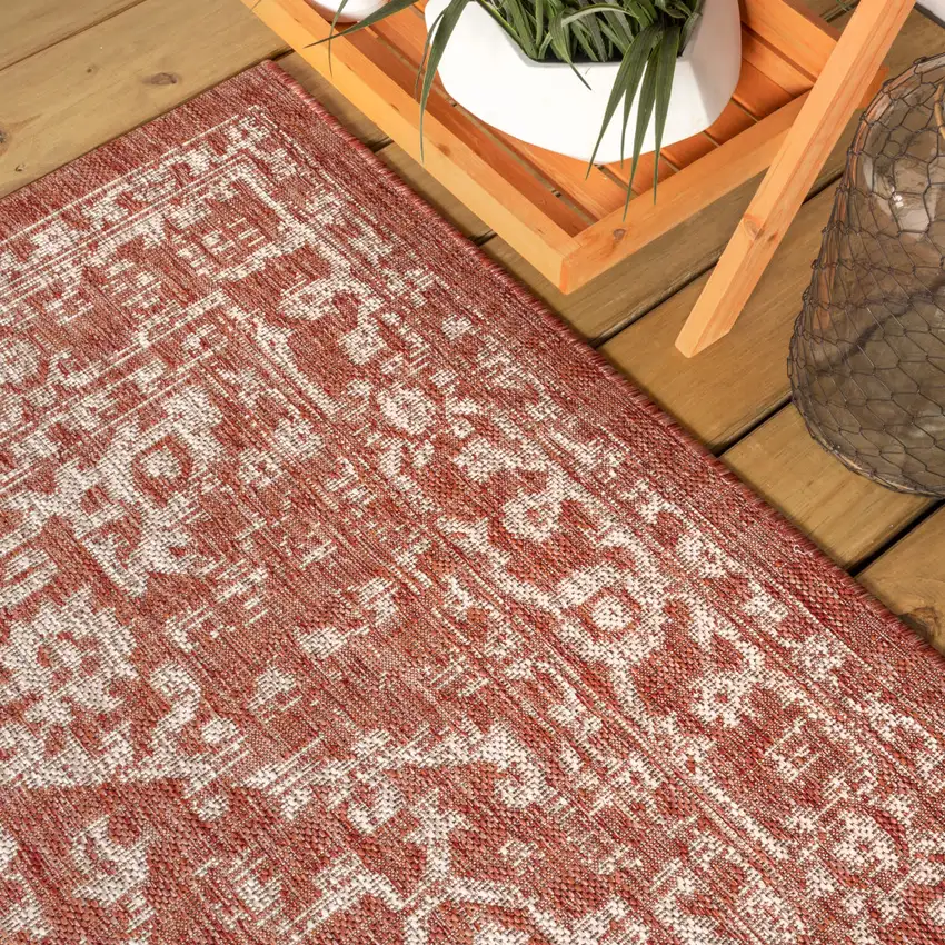 8' Red And Taupe Square Medallion Indoor Outdoor Area Rug Photo 6