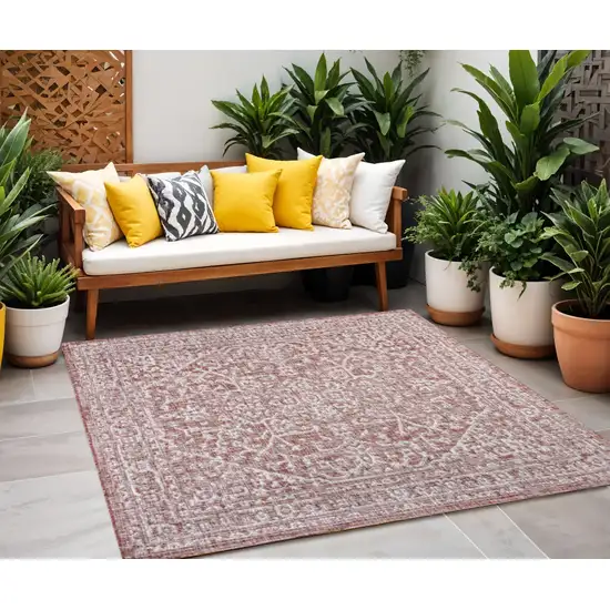 9' Red And Taupe Square Medallion Indoor Outdoor Area Rug Photo 1