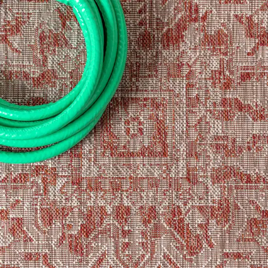 4' Red And Taupe Square Medallion Indoor Outdoor Area Rug Photo 9