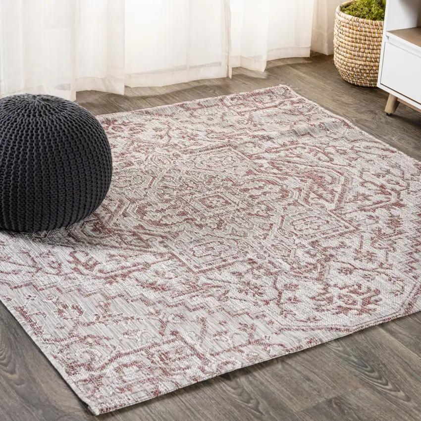 4' Red And Taupe Square Medallion Indoor Outdoor Area Rug Photo 4