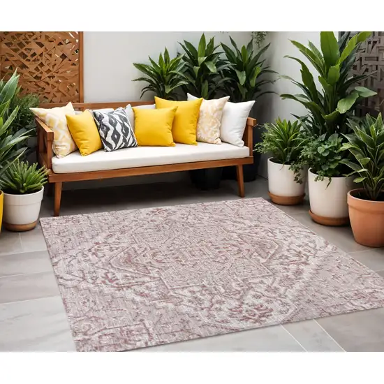 4' Red And Taupe Square Medallion Indoor Outdoor Area Rug Photo 1