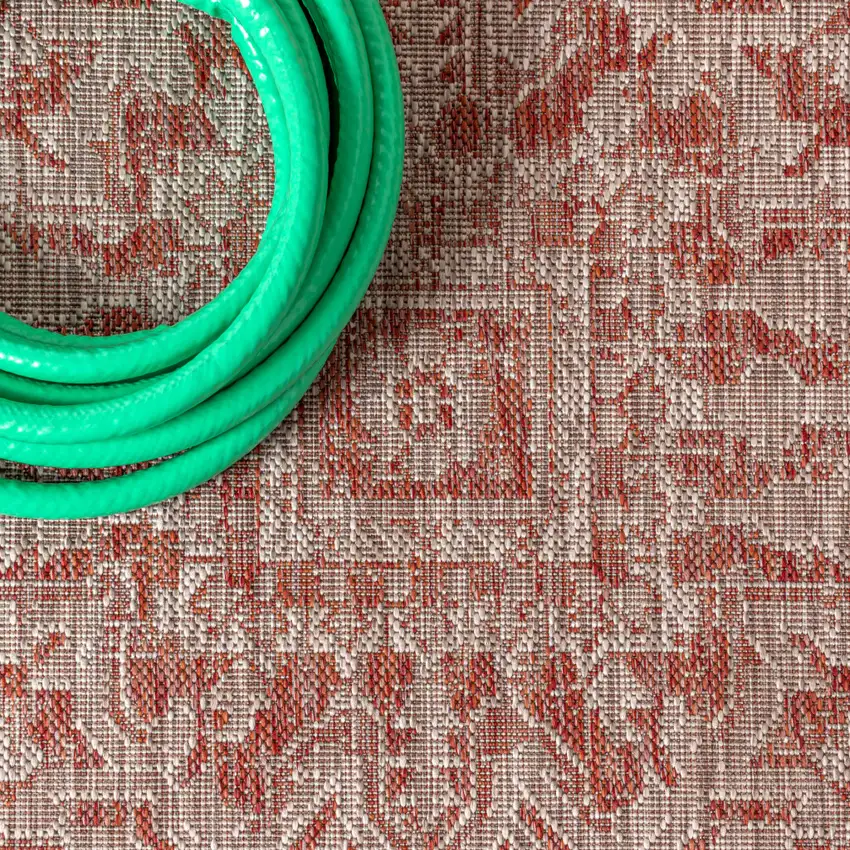 6' Red And Taupe Square Medallion Indoor Outdoor Area Rug Photo 9