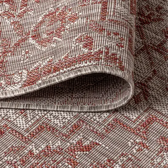 6' Red And Taupe Square Medallion Indoor Outdoor Area Rug Photo 6