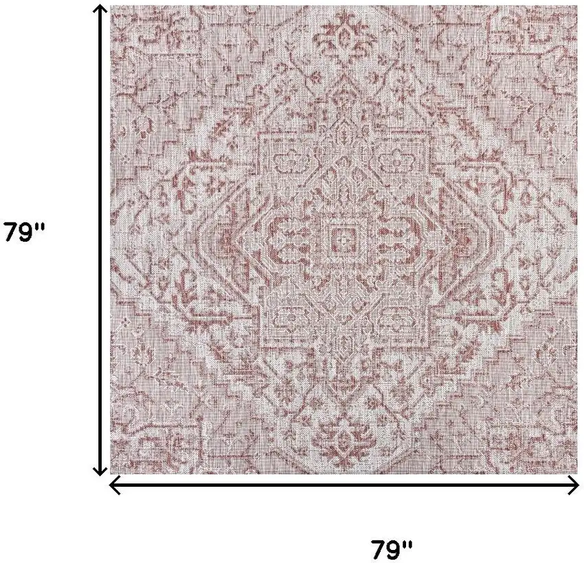 6' Red And Taupe Square Medallion Indoor Outdoor Area Rug Photo 7