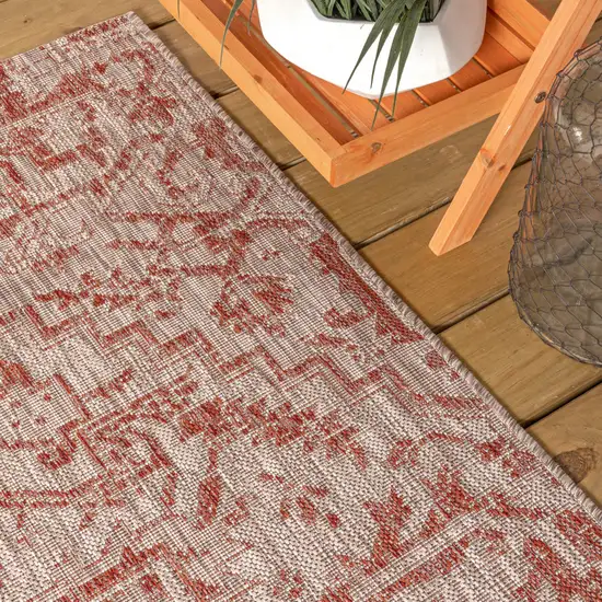 8' Red And Taupe Square Medallion Indoor Outdoor Area Rug Photo 7