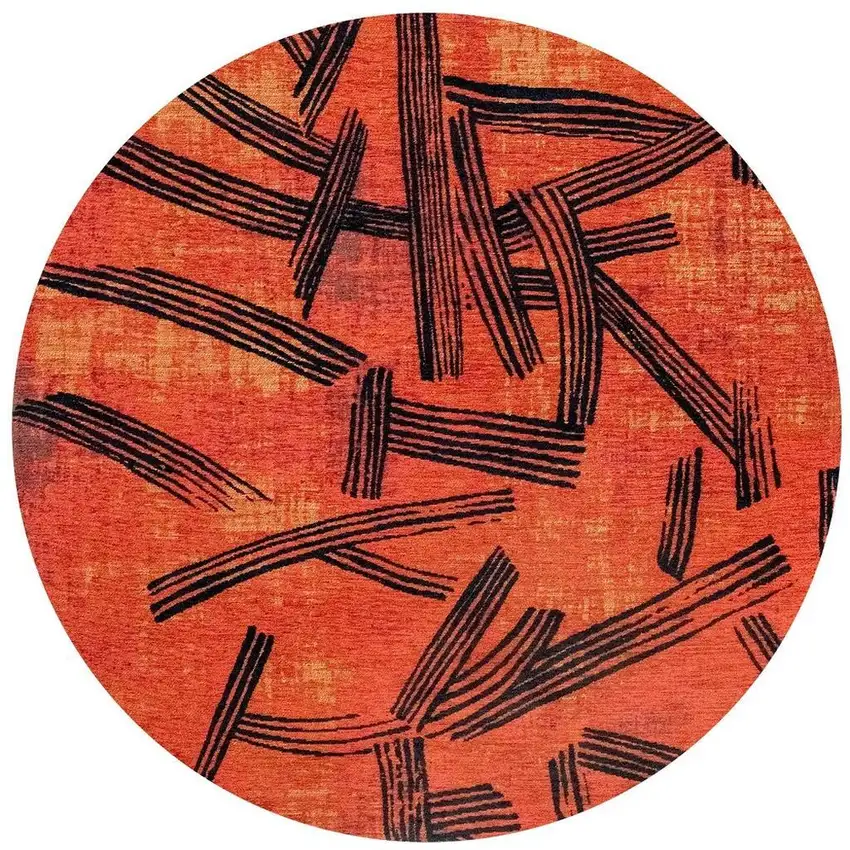 8' Red And White Abstract Washable Round Rug With UV Protection Photo 3