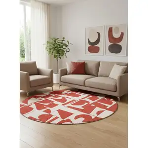 Photo of 8' Red And White Geometric Washable Round Rug