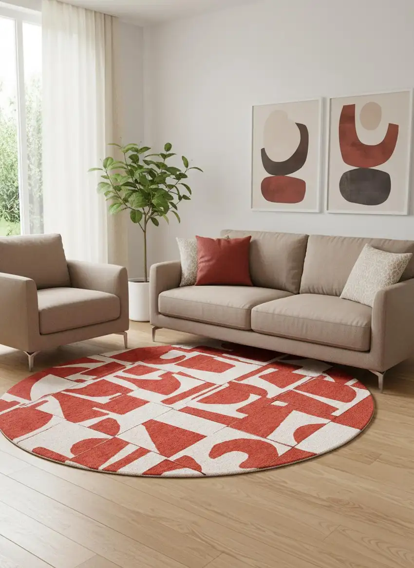 8' Red And White Geometric Washable Round Rug Photo 1