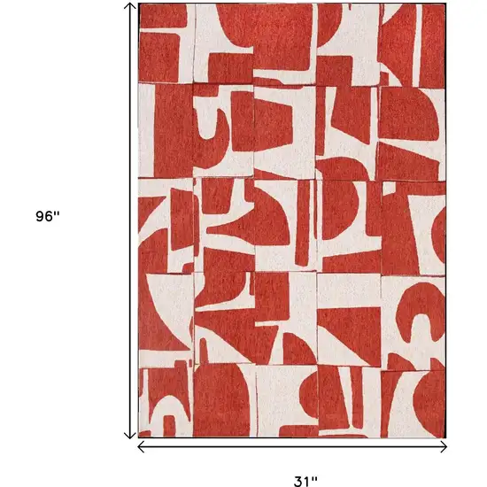 10' Red And White Geometric Washable Runner Rug Photo 9