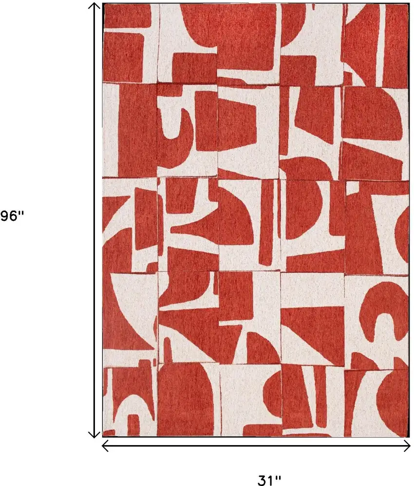 10' Red And White Geometric Washable Runner Rug Photo 9